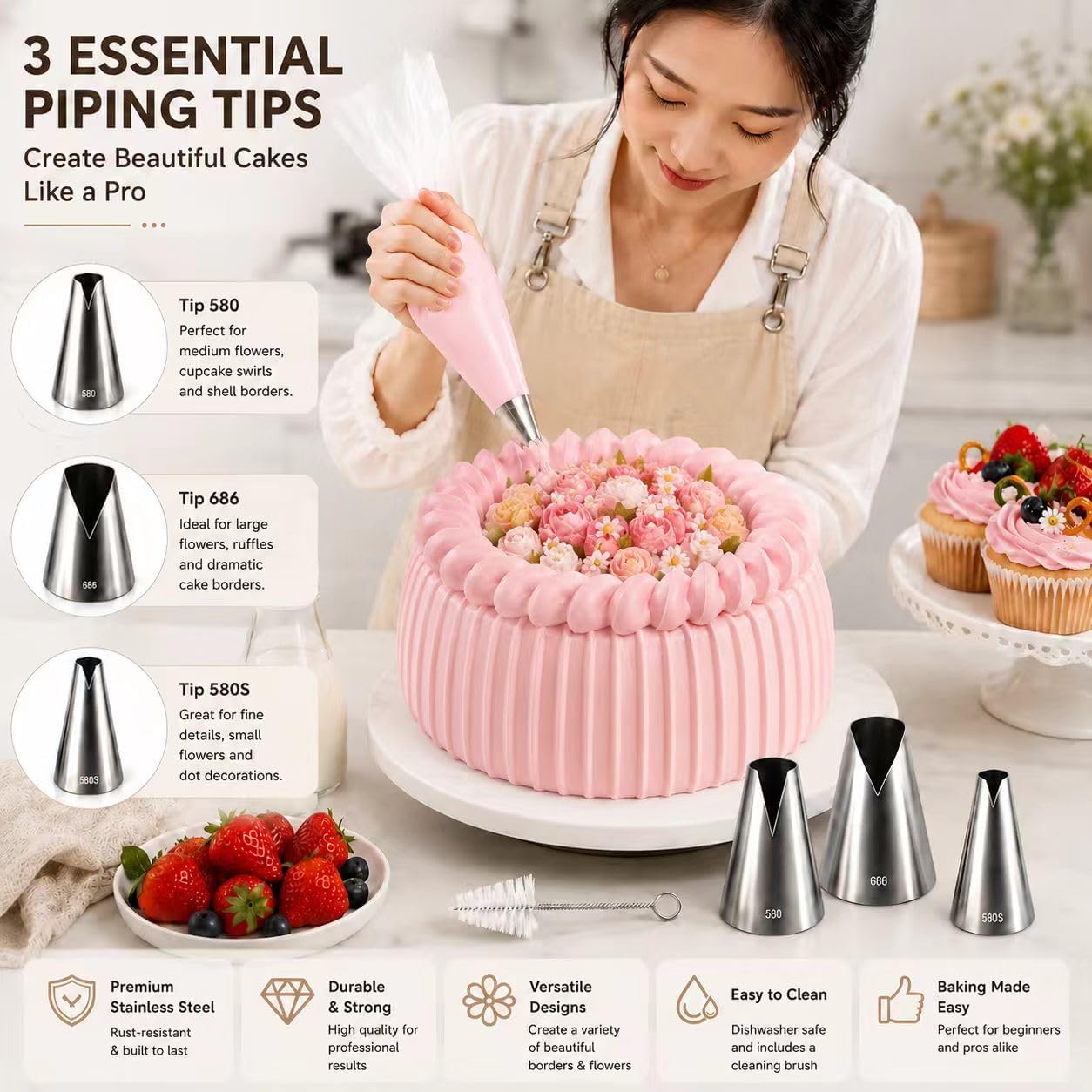8 Pcs Rose Flower Piping Tips Set,Petal Icing Tips,PipingRose Nozzle,Stainless Steel Cake Decorating Pastry Tools, for CakeDecorating,with A Cleaning Brush (Rose-8pcs)