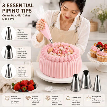 8 Pcs Rose Flower Piping Tips Set,Petal Icing Tips,PipingRose Nozzle,Stainless Steel Cake Decorating Pastry Tools, for CakeDecorating,with A Cleaning Brush (Rose-8pcs)