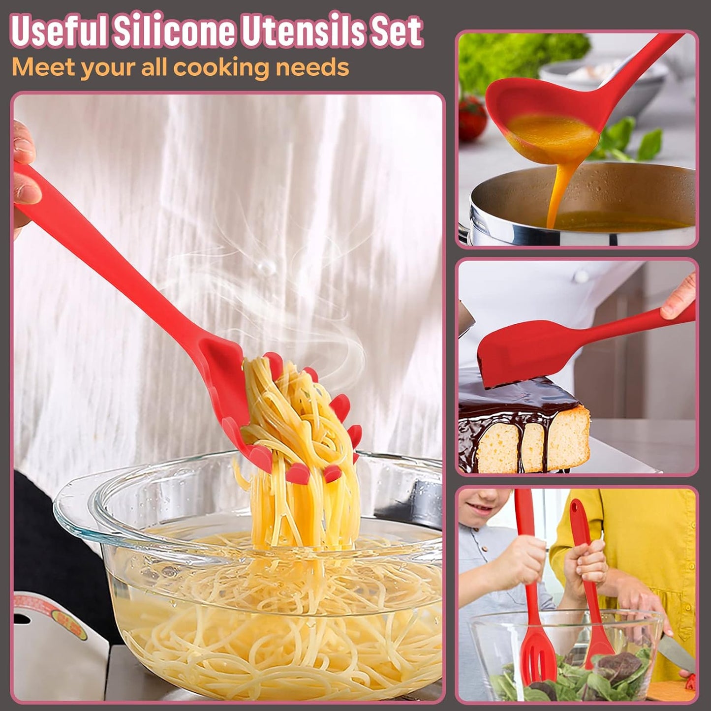 E-far Silicone Cooking Utensils Set, 7-Piece Black Heat Resistant Kitchen Utensils Set, Kitchen Nonstick Tools Spatula Ladle Spoon Pasta Server for Non-stick Cookware, Non-Toxic & Dishwasher safe