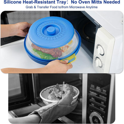 10.7 Inch Microwave Food Cover with Heat Insulation Mat, Anti-Scald Collapsible Microwave Splatter Cover, Multi-Functional as Colander & Fruit Plate, Dishwasher Safe, Ideal for Meal Prep (Gray)