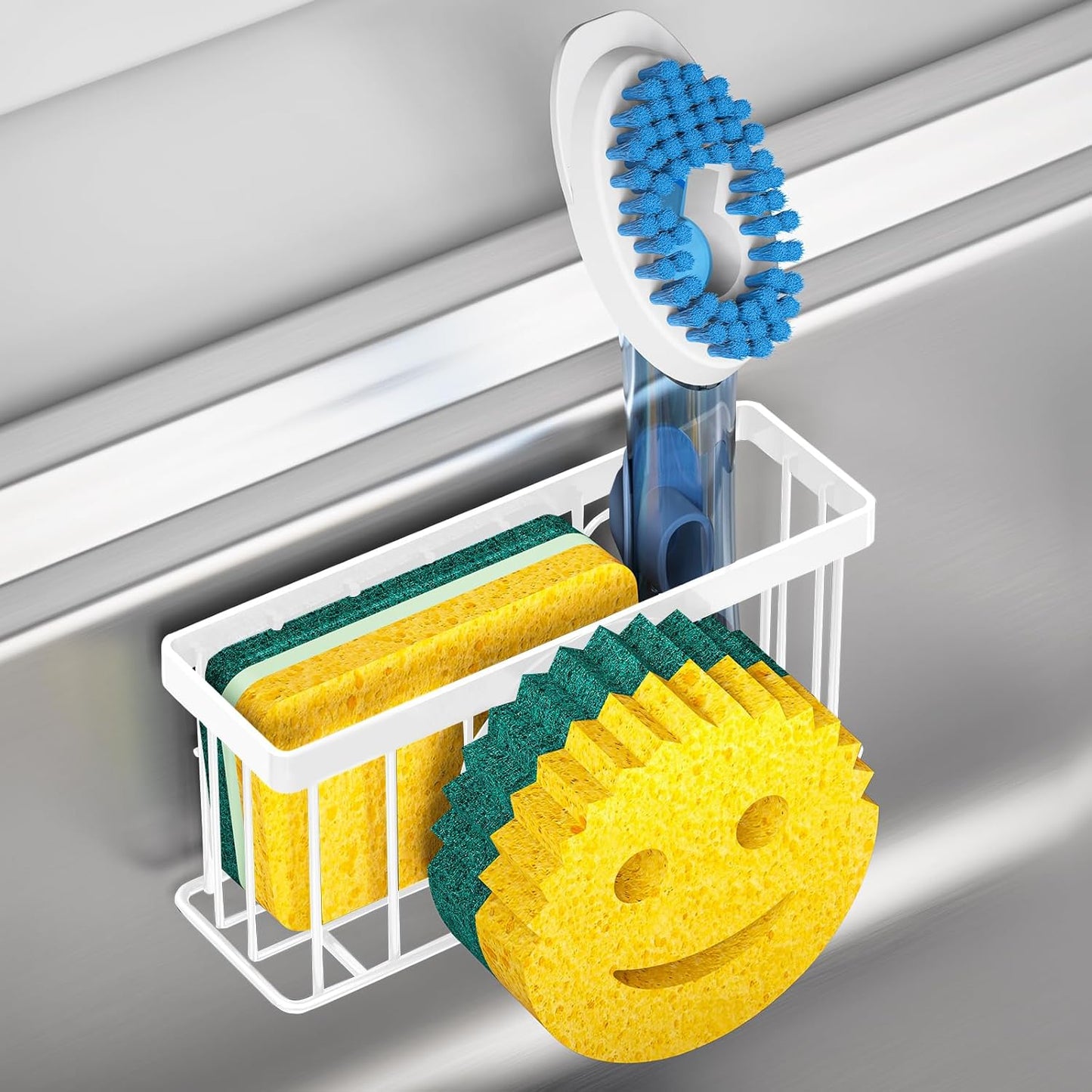 MURLONG Sponge Holder Smiley Face, Sink Organizer with 2 Suction Cups/1 Adhesive Strips, Designed for Sponge, Soap, Dish Brush, Scrubber - White
