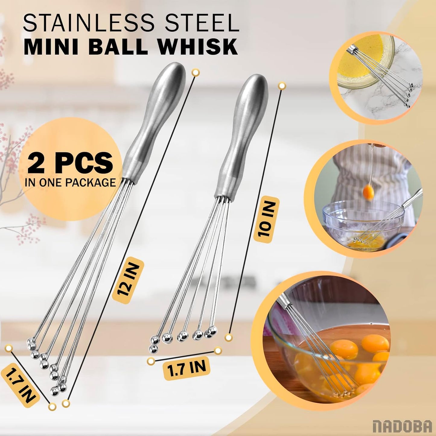 2Pcs Ball Whisk Set — Stainless Steel Whisk Set with Comfortable Ergonomic Handle | Excellent for Eggs, 10 Ball Head, Easy to Clean — Compact 12” & 10” for Versatile Stirring