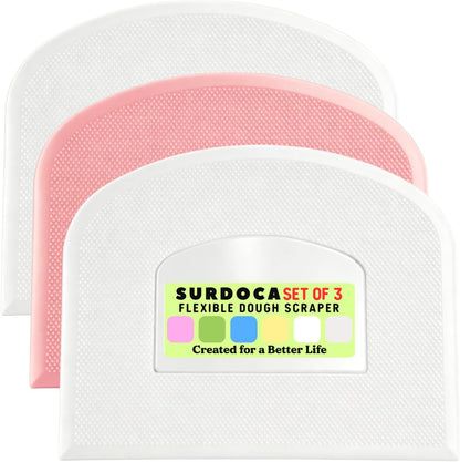 SURDOCA Dough Scraper Bench Scraper - 3P 4.7x3.7" Plastic Flexible Bowl Scraper, Sharp Edge & Angles Cake Scraper. Non-Slip Bakeware Decorating Tools Sculpting & Modeling Tools - Green+White+Green - Colors B