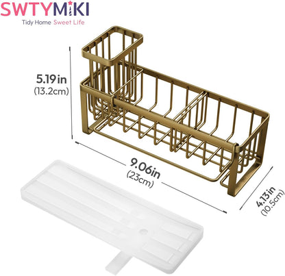 SWTYMIKI Sponge Holder for Kitchen Sink - Sink Caddy with Brush Holder Self-draining Sponge Caddy Organizer with Divider Stainless Steel Kitchen Accessories Storage for Countertop, Black
