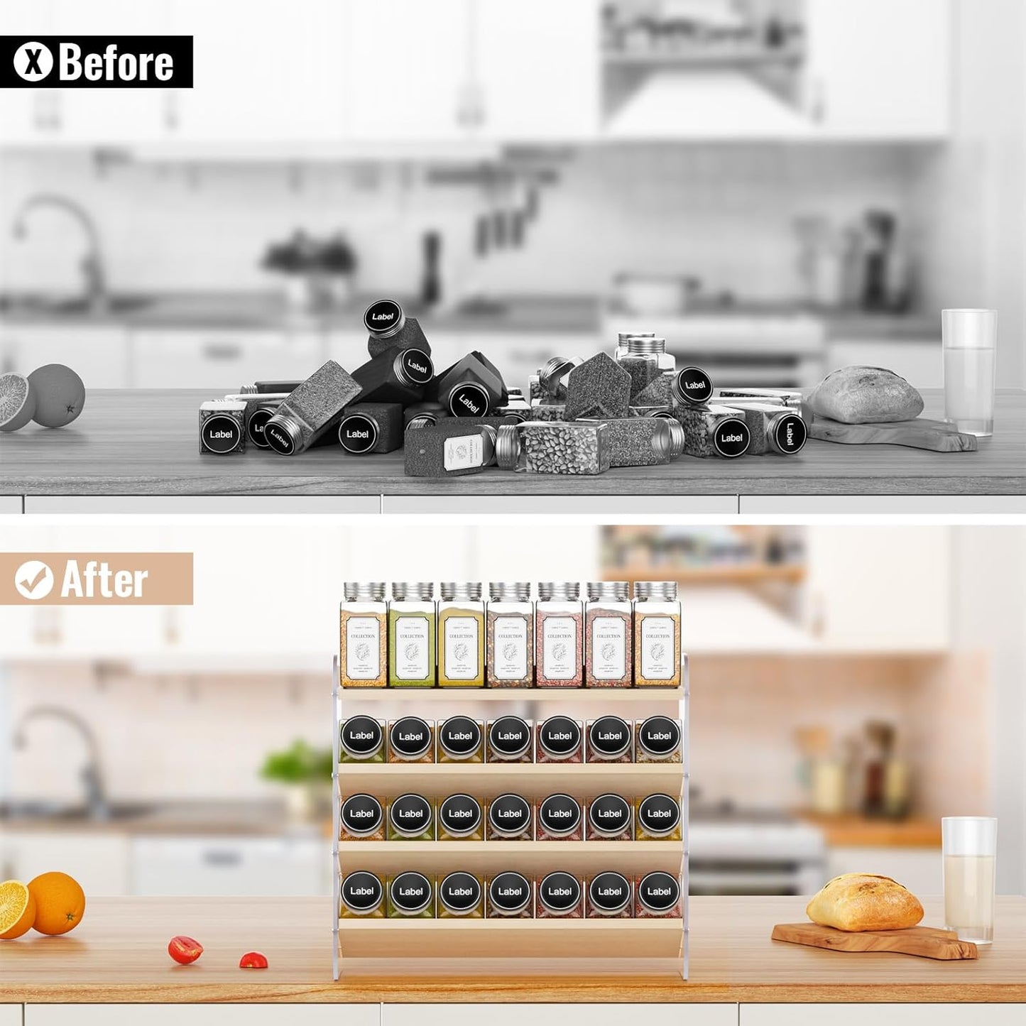 MUDEELA 4 Tier Spice Rack Organizer for Cabinet,Wooden Vertical Spice Shelf, Seasoning Organizer for Countertop, Kitchen, Pantry, Freestanding, 13.4" W × 11.2" H (No Jars Included), White