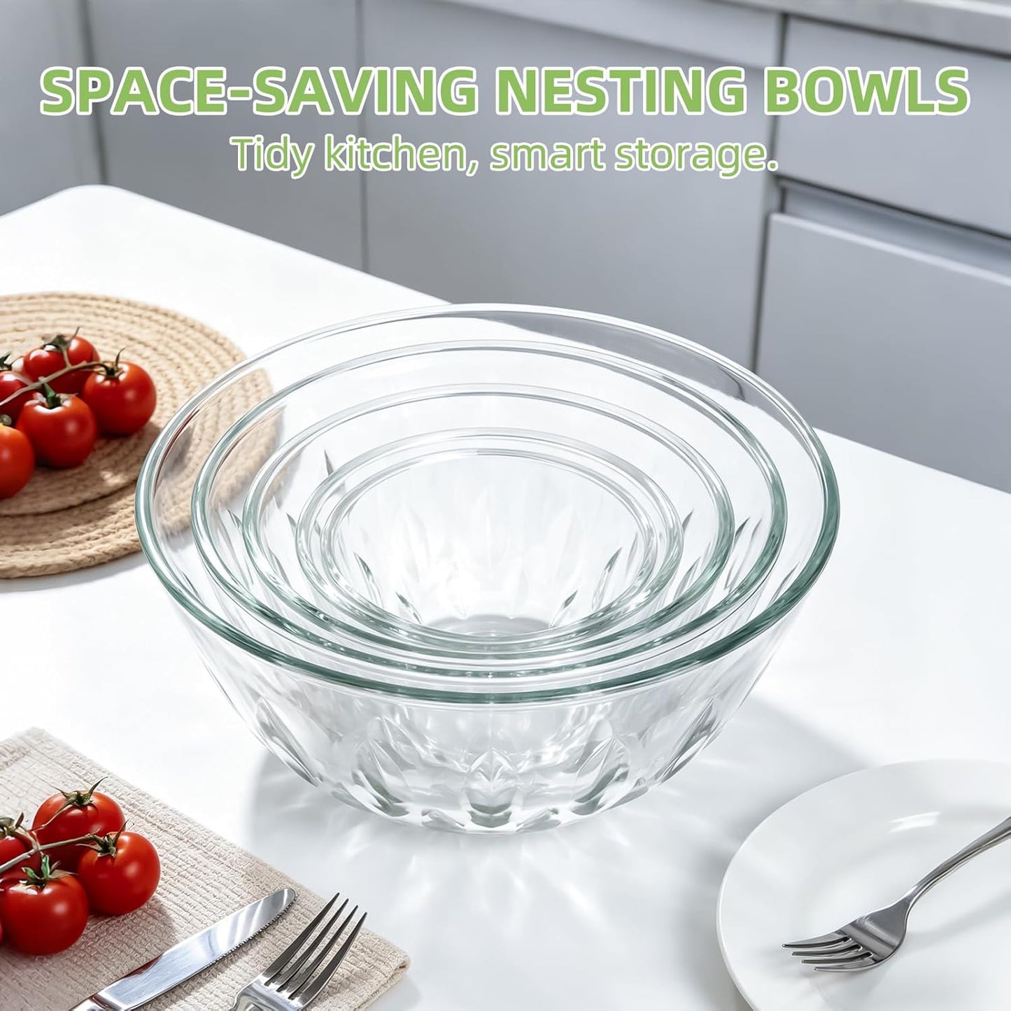 Luvan Glass Mixing Bowls with Lids Set(4.5QT, 2.7QT, 1.1QT)-Large Glass Mixing Bowls, Clear Salad Bowl for Baking, Cooking, Serving, Food Prep, 3PC Nesting Bowls for Kitchen Storage & Dishwasher Safe