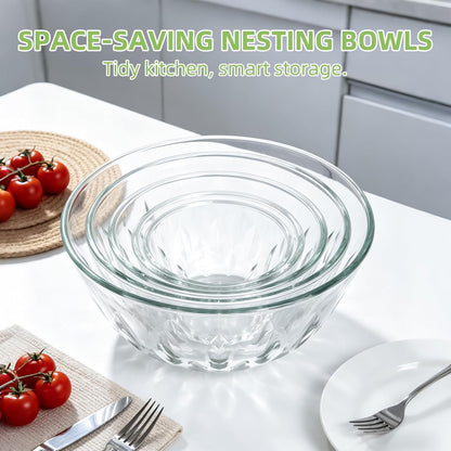 Luvan Glass Mixing Bowls with Lids Set(4.5QT, 2.7QT, 1.1QT)-Large Glass Mixing Bowls, Clear Salad Bowl for Baking, Cooking, Serving, Food Prep, 3PC Nesting Bowls for Kitchen Storage & Dishwasher Safe