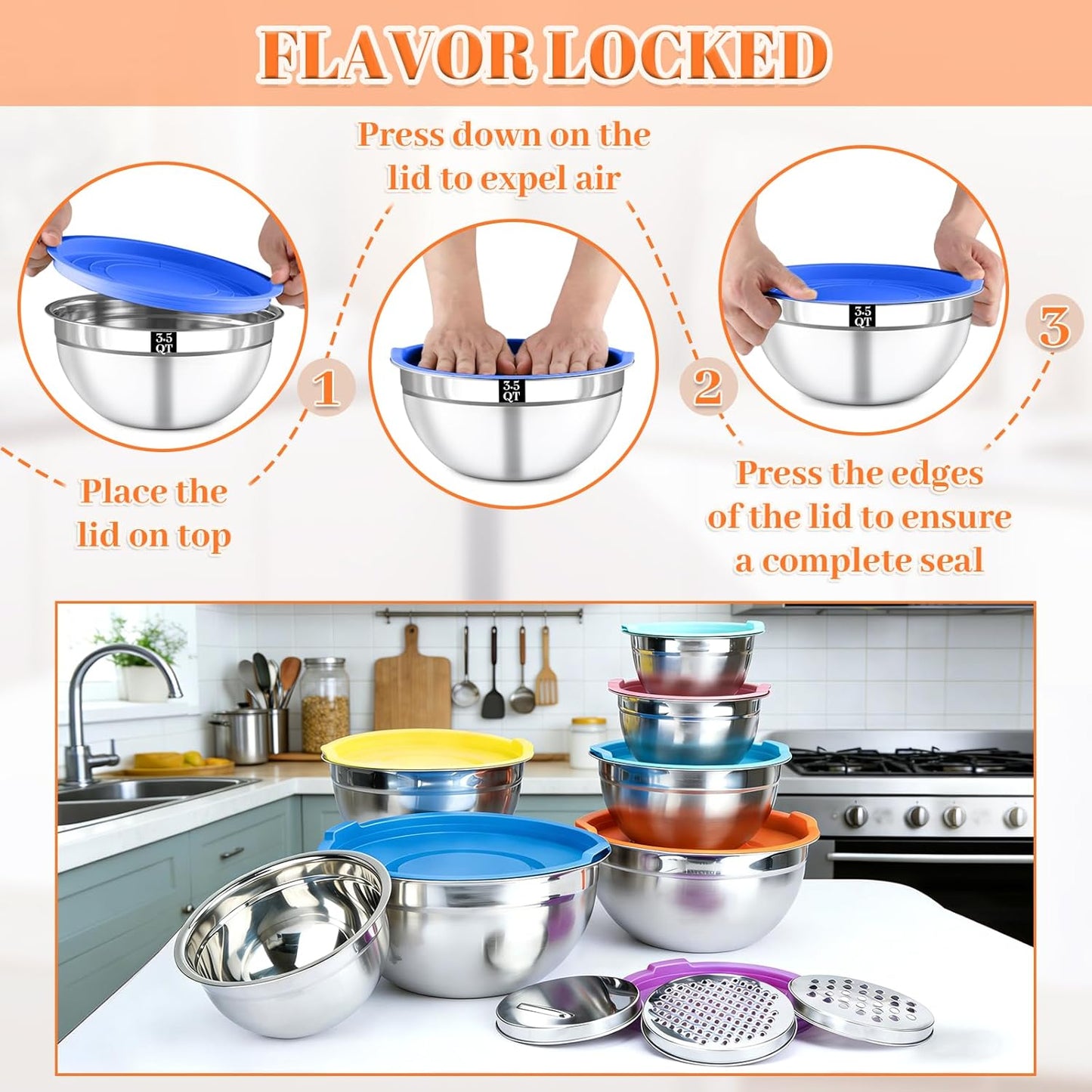 Mixing Bowls with Lids Set - 7PCS Nesting Mixing Bowls, Lids, Stainless Steel Mixing Bowls for Mixing, Baking & Meal Prep, Dishwasher Safe, Size 0.7/1.1/1.5/2.1/3.5/4/4.5 QT, Khaki