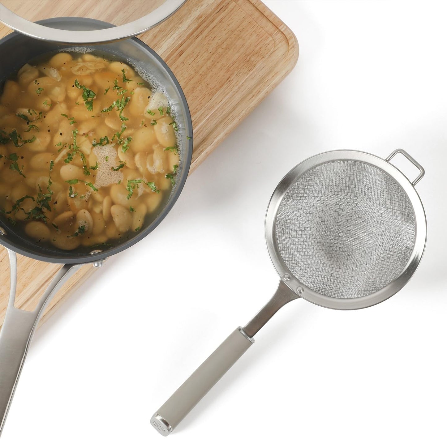 Calphalon Edge Stainless Steel Strainer, Fine Mesh Kitchen Colander Strainer with Thermoplastic Rubber Handle, Sifter for Rinsing, Draining & Straining Food, Navy