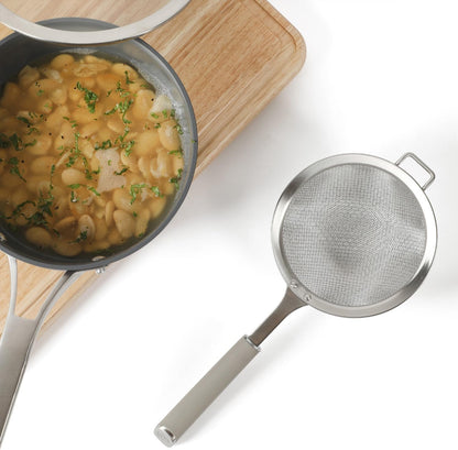 Calphalon Edge Stainless Steel Strainer, Fine Mesh Kitchen Colander Strainer with Thermoplastic Rubber Handle, Sifter for Rinsing, Draining & Straining Food, Navy