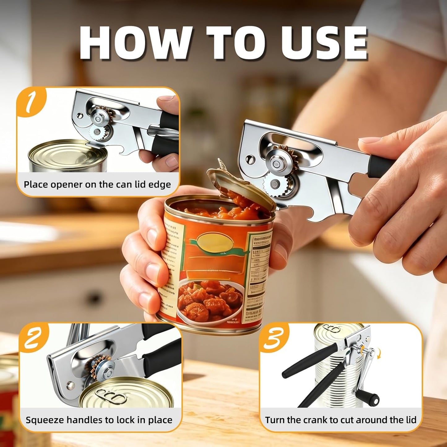 Manual Can Opener,Easy-Grip Hand Crank Can Opener for Seniors & Arthritis - Ergonomic Manual Opener, Heavy Duty for Large Cans, Safe & Comfortable Use at Home or Restaurant