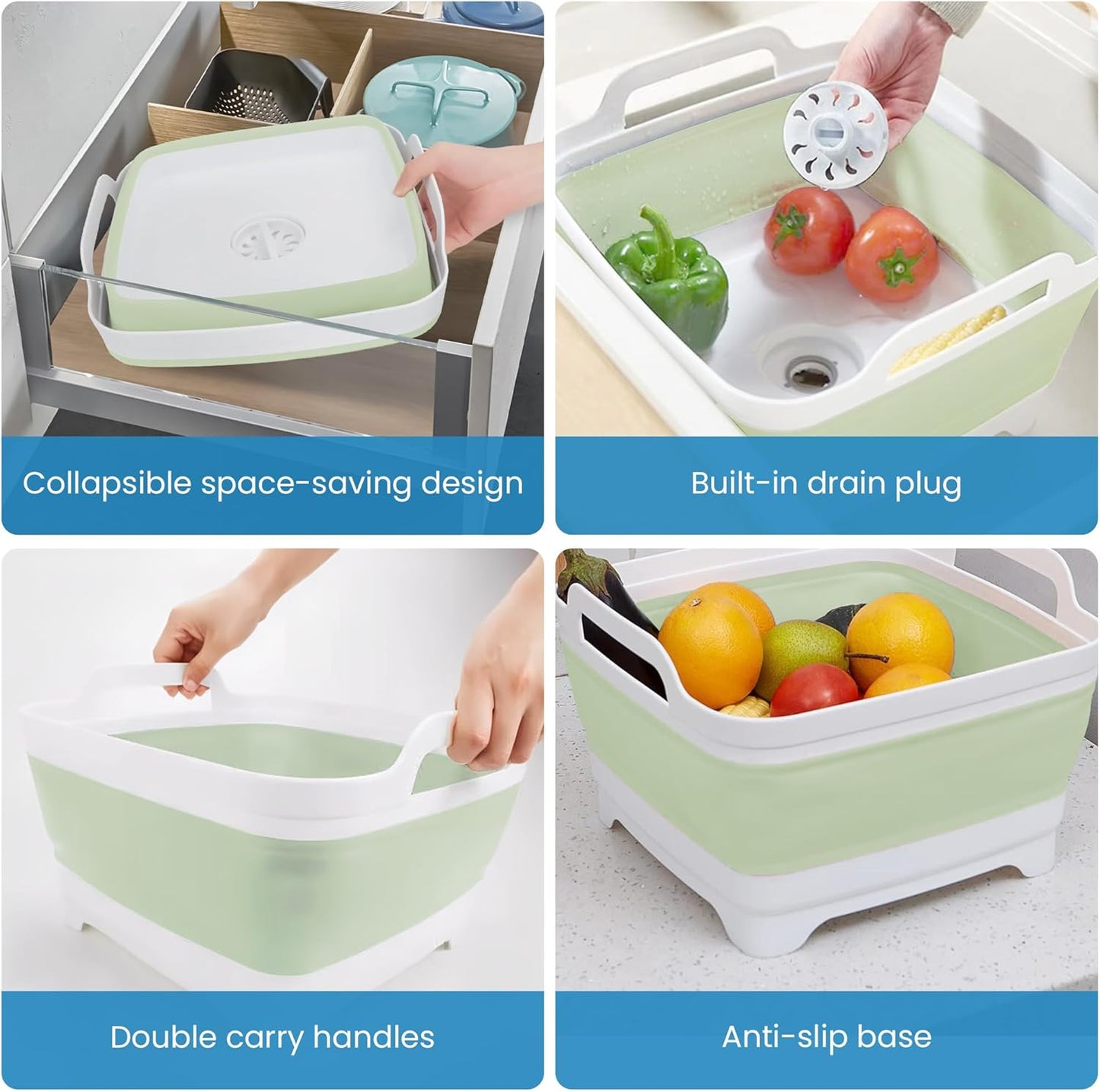 EZuraa 2.4 gal(9L) Gray Collapsible Dish Basin, Portable Sink or Dish Pan for Kitchen Sink with Drain Plug/Strainer, Space Saving Baby Bottle Wash Basin Collapsible Bucket, Beverage Tub for Camping