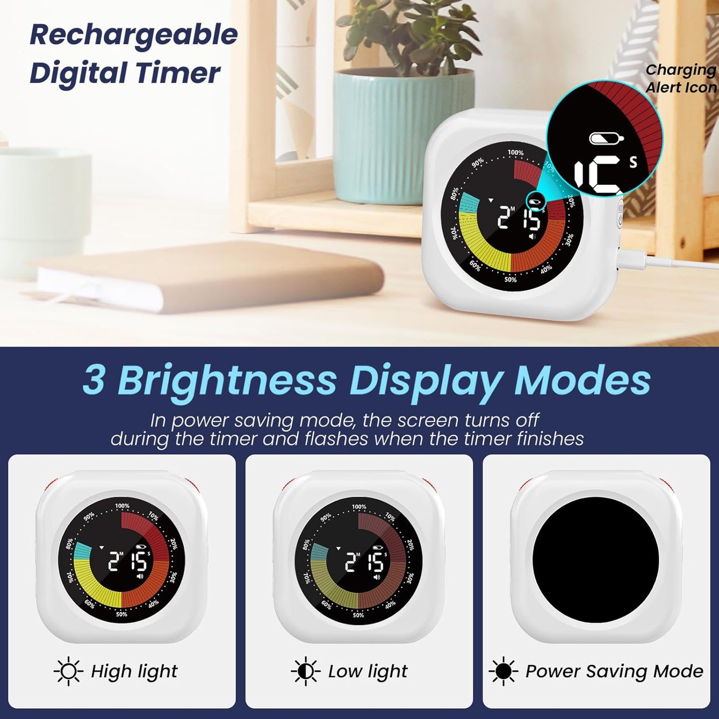PERSUPER Visual Timer for Kids, 10 Hours Countdown/Up, with Rechargeable, 3 Volume Levels, 3 Brightness Display, and Magnetic, Homeschool Study Tool, Large Digital Timers for Classroom, Kitchen