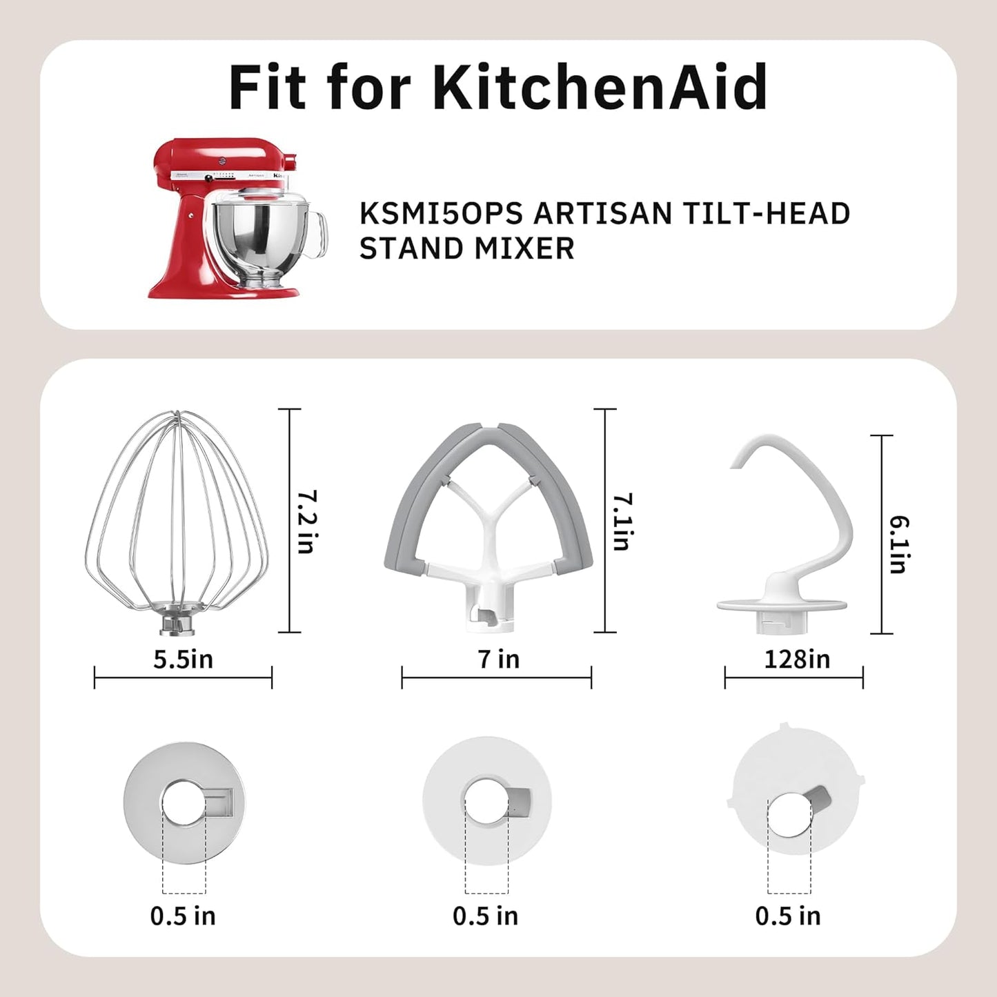 Flex Edge Beater 3Pcs for KitchenAid Mixer Attachments and Accessories Compatible with 4.5-5 Quart Tilt-Head Stand Mixers (K45WW 6-Wire Whip, 4.5-5QT Flat Beater Paddle, 4.5-5QT Dough Hook Attachment)
