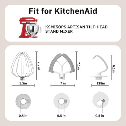 Flex Edge Beater 3Pcs for KitchenAid Mixer Attachments and Accessories Compatible with 4.5-5 Quart Tilt-Head Stand Mixers (K45WW 6-Wire Whip, 4.5-5QT Flat Beater Paddle, 4.5-5QT Dough Hook Attachment)