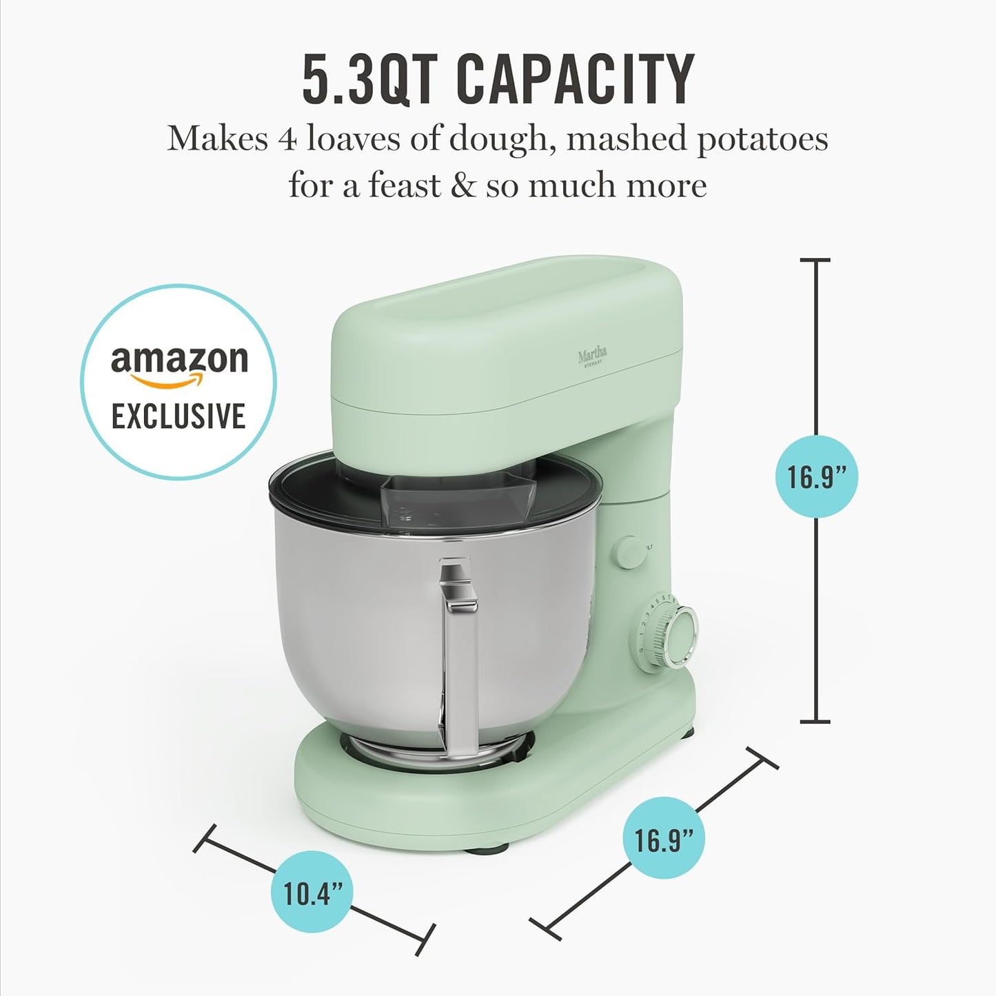 Martha Stewart Tilt-Head Stand Mixer, 12 Speed, 5.3QT Stainless Steel Bowl, Splash Guard with Pour Chute, Whisk, Dough Hook, Flat Beater, Electric Kitchen Baking Mixer, Bread, Cake, Whip, Sky Blue