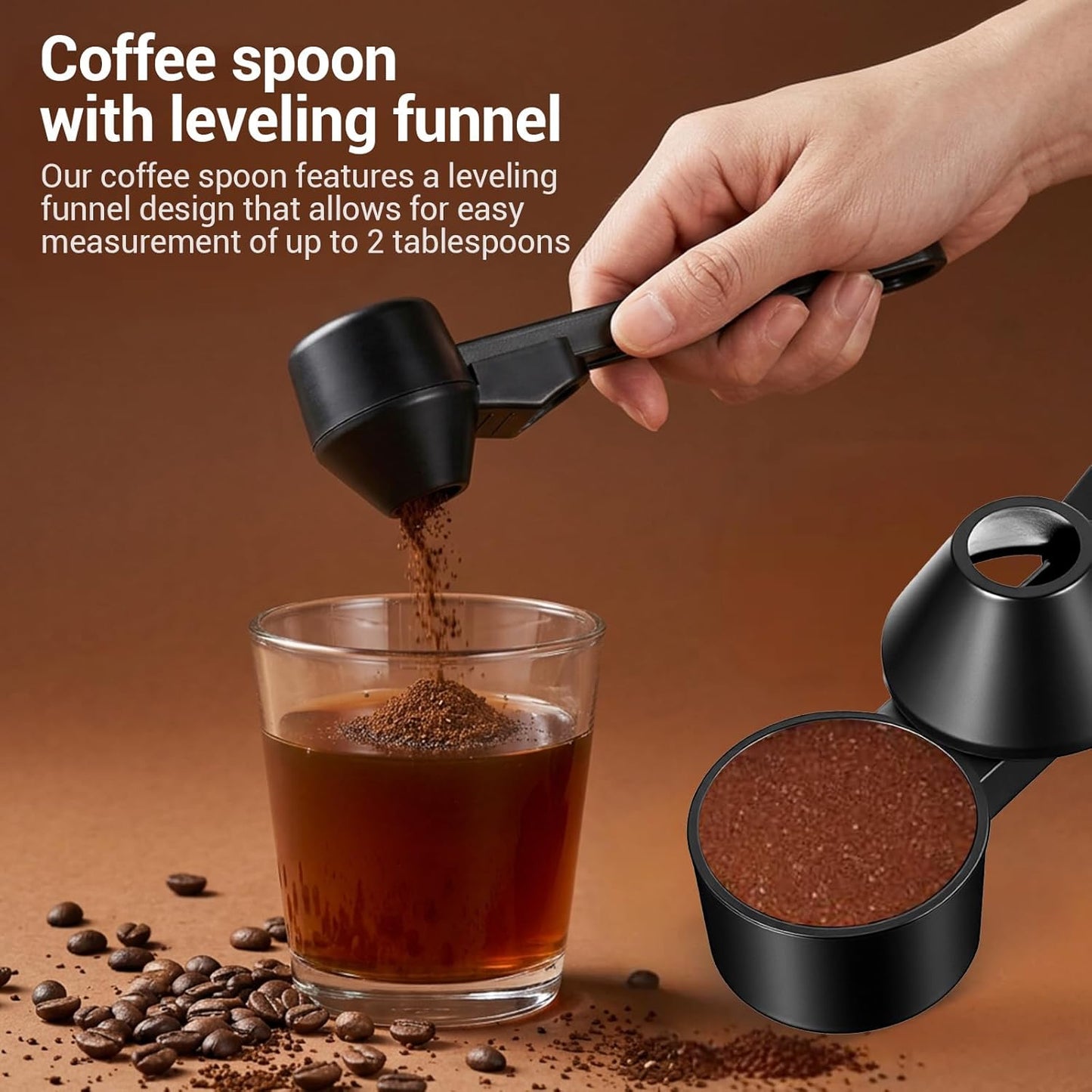 cobee Coffee Scoop With Funnel, Measuring Spoon Slide Scoop for Ground Coffee Protein Powder Reusable Pods(Black)