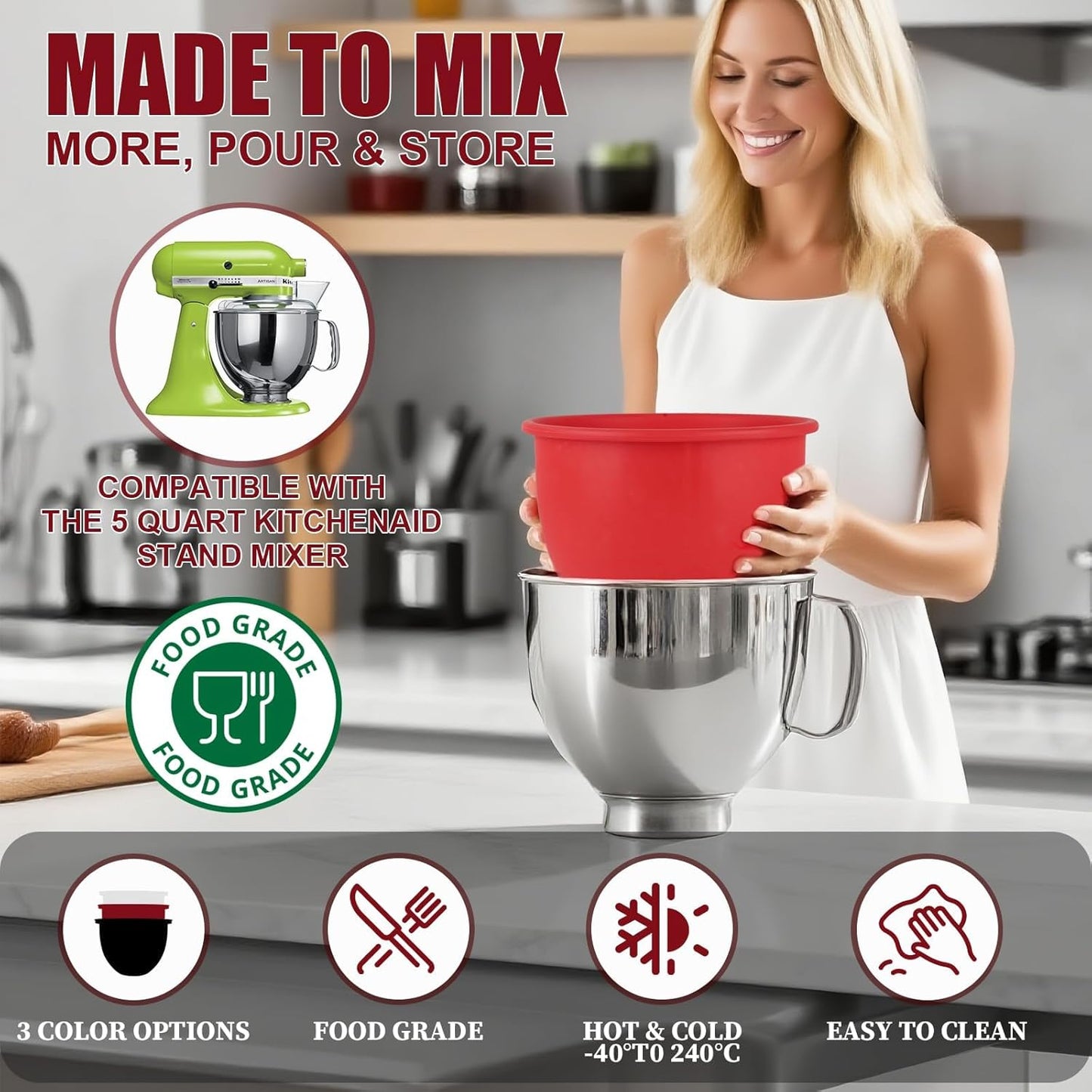 GuanQiao Silicone Bowl Liners for 5 Qt KitchenAid Mixers, 3 Liners with Lids