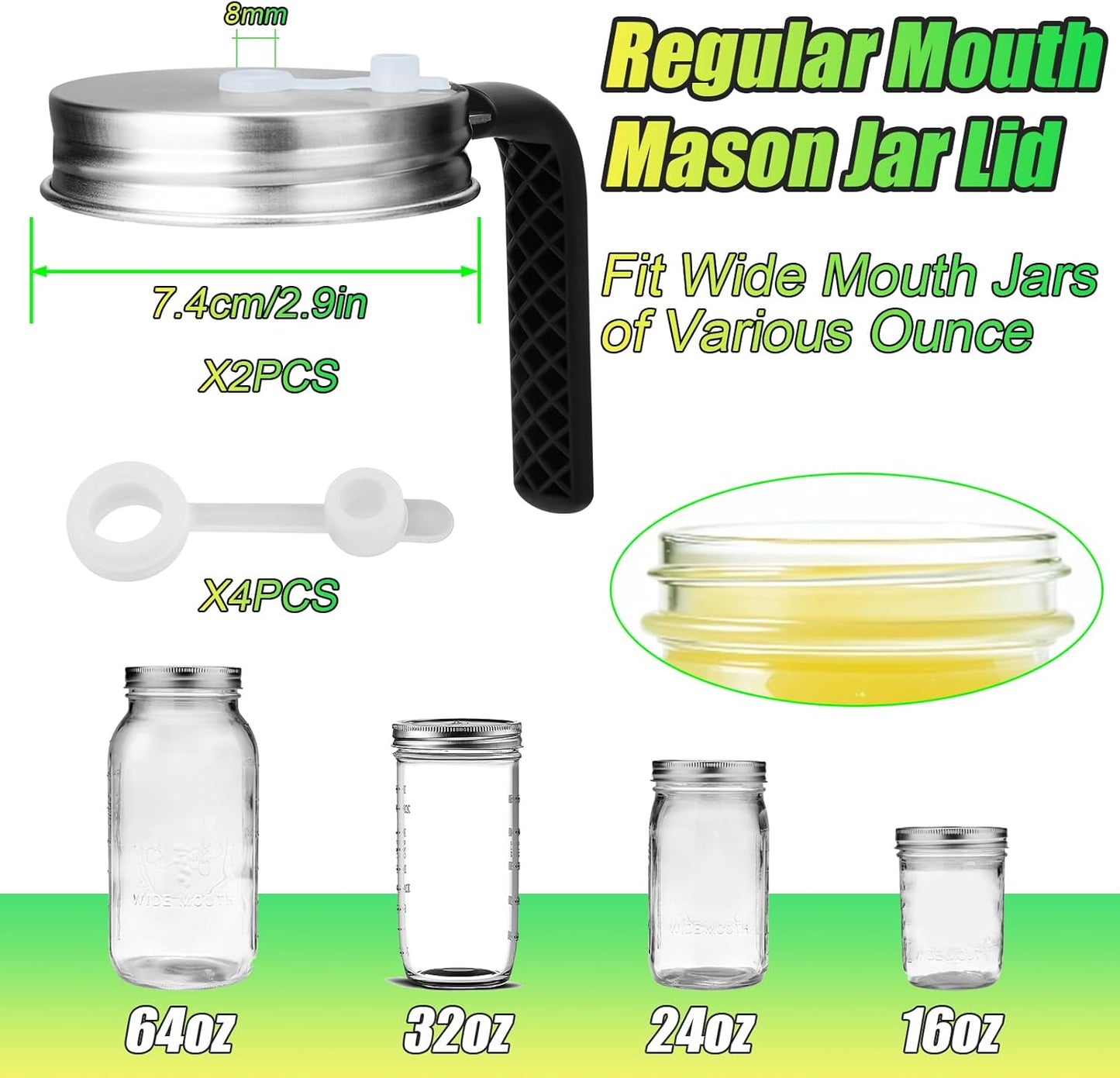 Mason Jar Pour Spout Lid Stainless Steel with Handle, Wide Mouth Pour Spout Flip Cap Lids for Mason Jars, Anticracking Leak Proof Seal Cover Airtight for Drinking Salad Dressing & Food Storing(2PCS)
