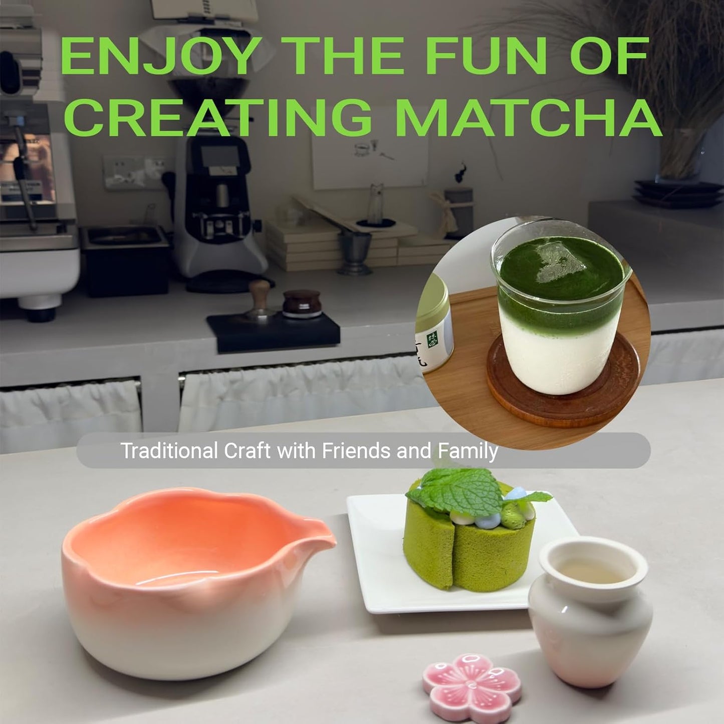 10 Sets Matcha with Whisk, Matcha Bowl with Whisk Holder and Spoon Rest All In One Bag, Sakura pink and Green, Perfect for Enthusiasts, Gift-giving
