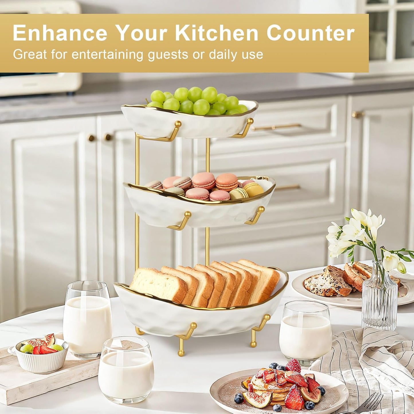 Fruit Bowl for Kitchen Counter, 3 Tier Ceramic Fruit Basket with Metal Stand, Tiered Fruit Stand for Countertop, Modern Multi Serving Bowl for Party Dessert, Vegetable, Snack