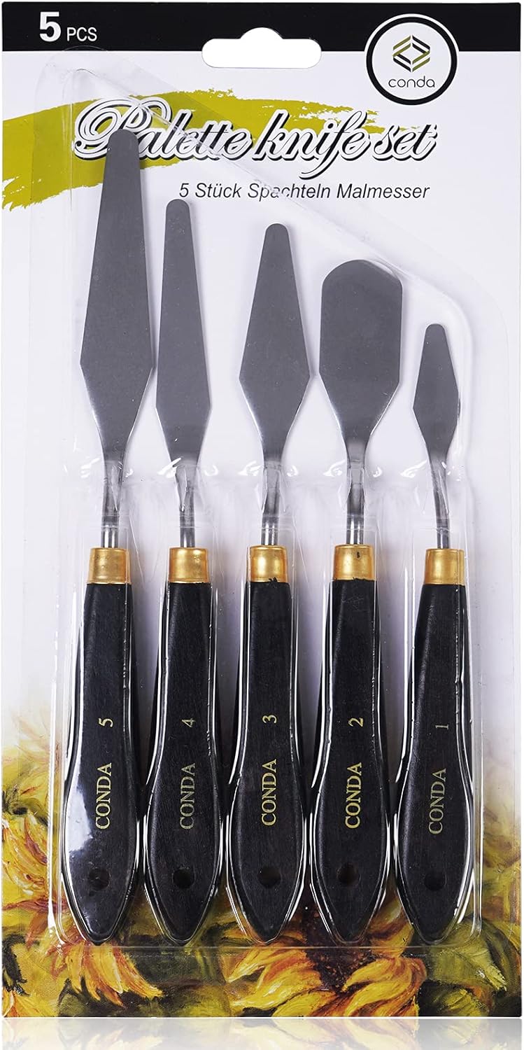 CONDA Palette Knife Painting Stainless Steel Spatula Palette Knife Oil Paint Metal Knives Wood Handle (Red 5 Piece)