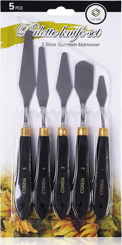 CONDA Palette Knife Painting Stainless Steel Spatula Palette Knife Oil Paint Metal Knives Wood Handle (Red 5 Piece)