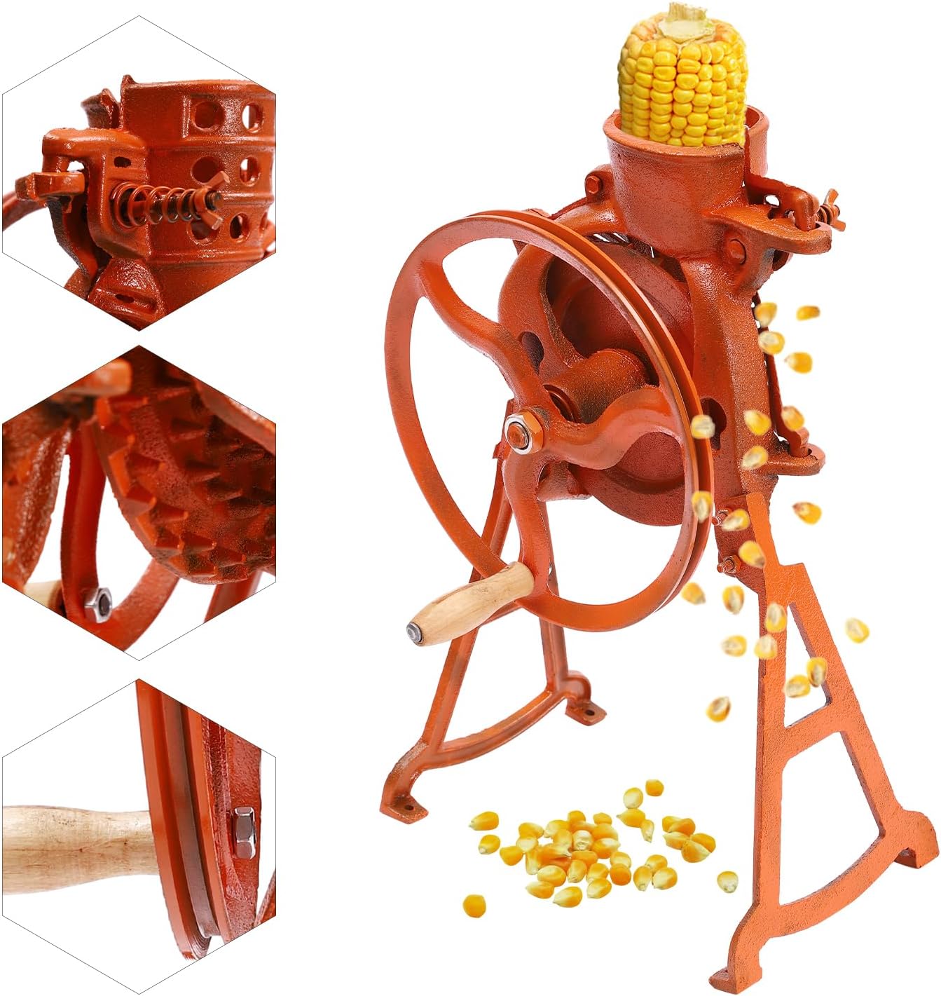 Manual Corn Thresher Hand Corn Sheller with Wooden Handle, Hand Corn Sheller Heavy Duty Shelling Machine Corn Thresher & Peeling Peeler Corn Cob Stripper Tool (orange)