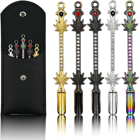 Mini Shovel Spoons Set, 5pc Metal Small Spoons with PU Pouch, Multi-Color Tiny Spoon Necklace Charms Decorative Pendant, Little Measuring Spoon, Rhinestones Jewelry Keychain Gift (Maple Leaf)