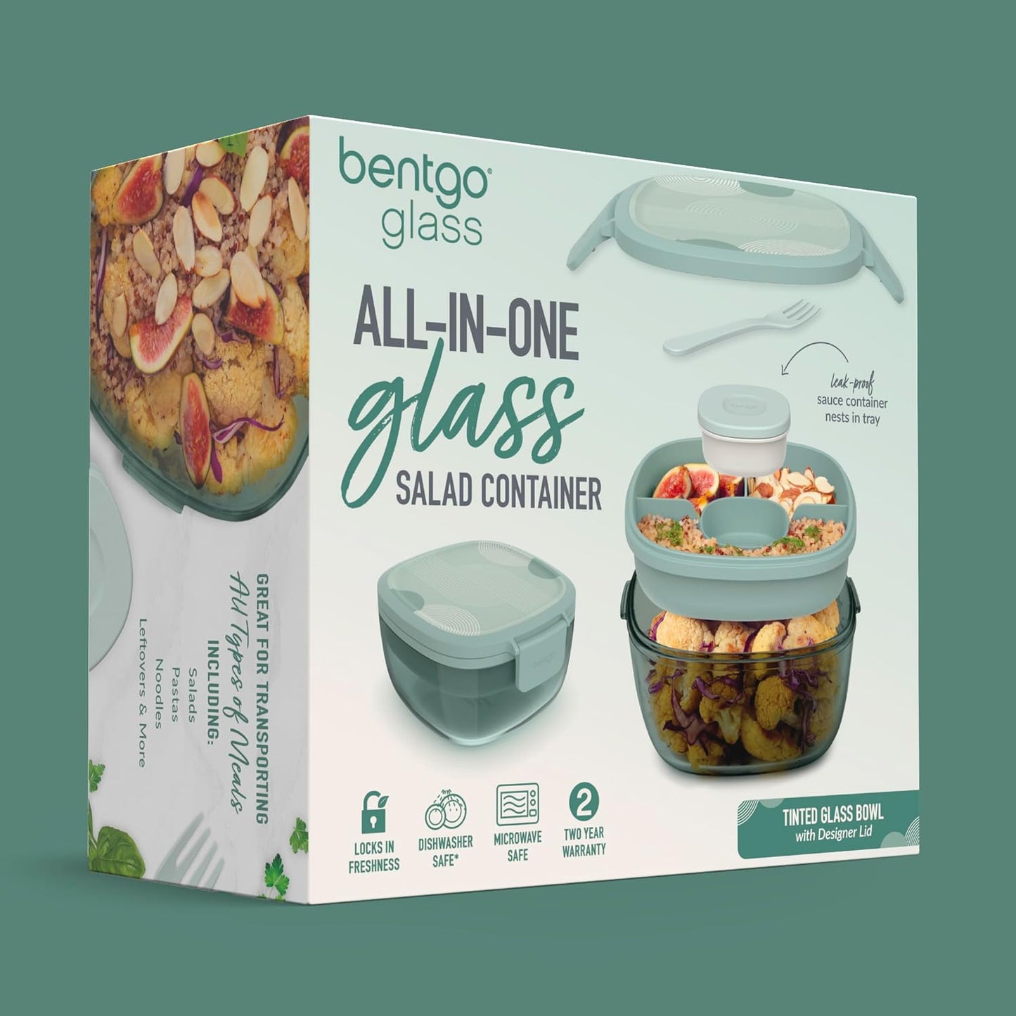 Bentgo Glass Prints Salad Container - 7.6-Cup Tinted Glass Salad Bowl with Airtight Lid, Leak-Proof Sauce Container, 4-Compartment Bento Meal Prep Tray & Reusable Fork (Floral Maximalist - Sea)