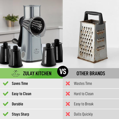 Zulay Kitchen Rotary Cheese Grater 5 Blade Cheese Shredder - Manual Hand Crank Cheese Grater With Reinforced Suction & 5 Interchangeable Drums - Easy to Use, Vegetable Chopper Round Mandoline Slicer - Colors B