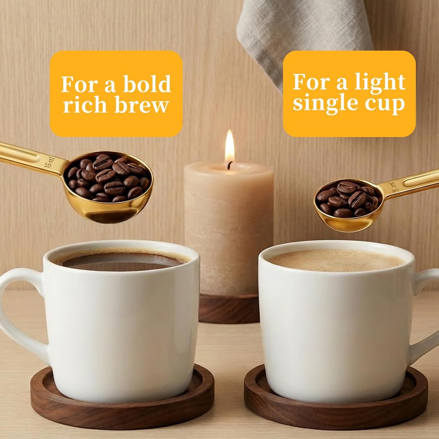 Double Sided Teaspoon Measuring Spoons, Stainless Steel 1 Tsp (5ml) & 1 Tbsp (15ml) Long-Handle Tablespoon Scoop, Space-Saving Gold Coffee Measuring Spoon for Coffee Milk Cooking Baking (8.64 Inch)