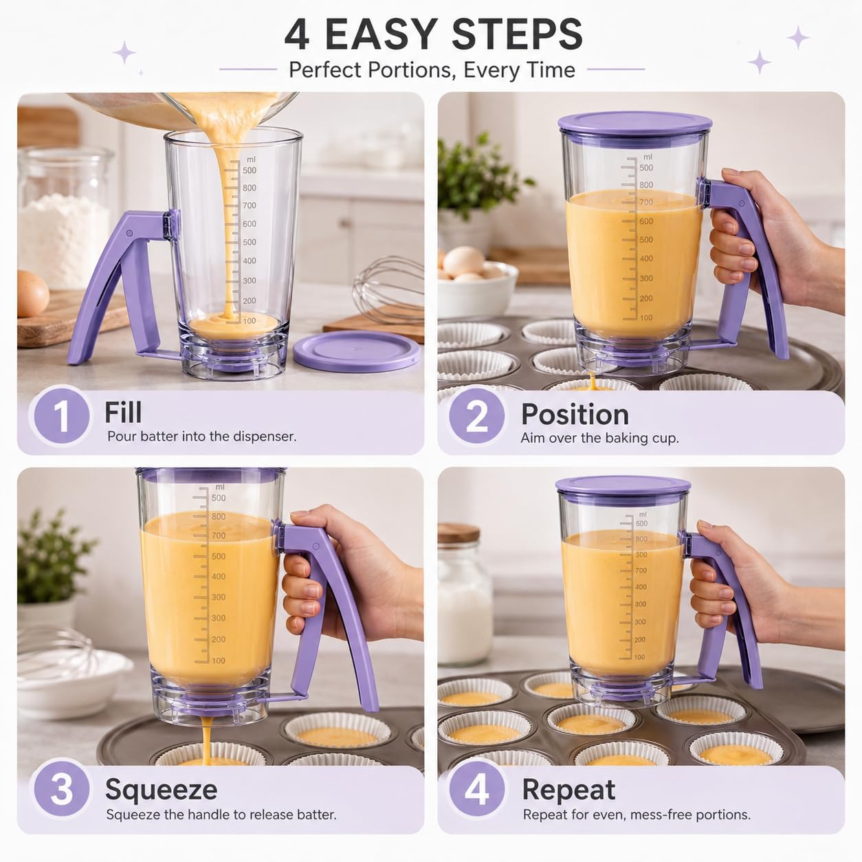 Pancake Batter Dispenser - Kitchen Must Have Tool for Perfect Pancakes, Cupcake, Waffle, Muffin Mix, Cake & Crepe - Baking Supplies for Griddle - Pancake Maker with Measuring Label (Purple)