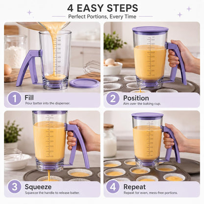 Pancake Batter Dispenser - Kitchen Must Have Tool for Perfect Pancakes, Cupcake, Waffle, Muffin Mix, Cake & Crepe - Baking Supplies for Griddle - Pancake Maker with Measuring Label (Purple)