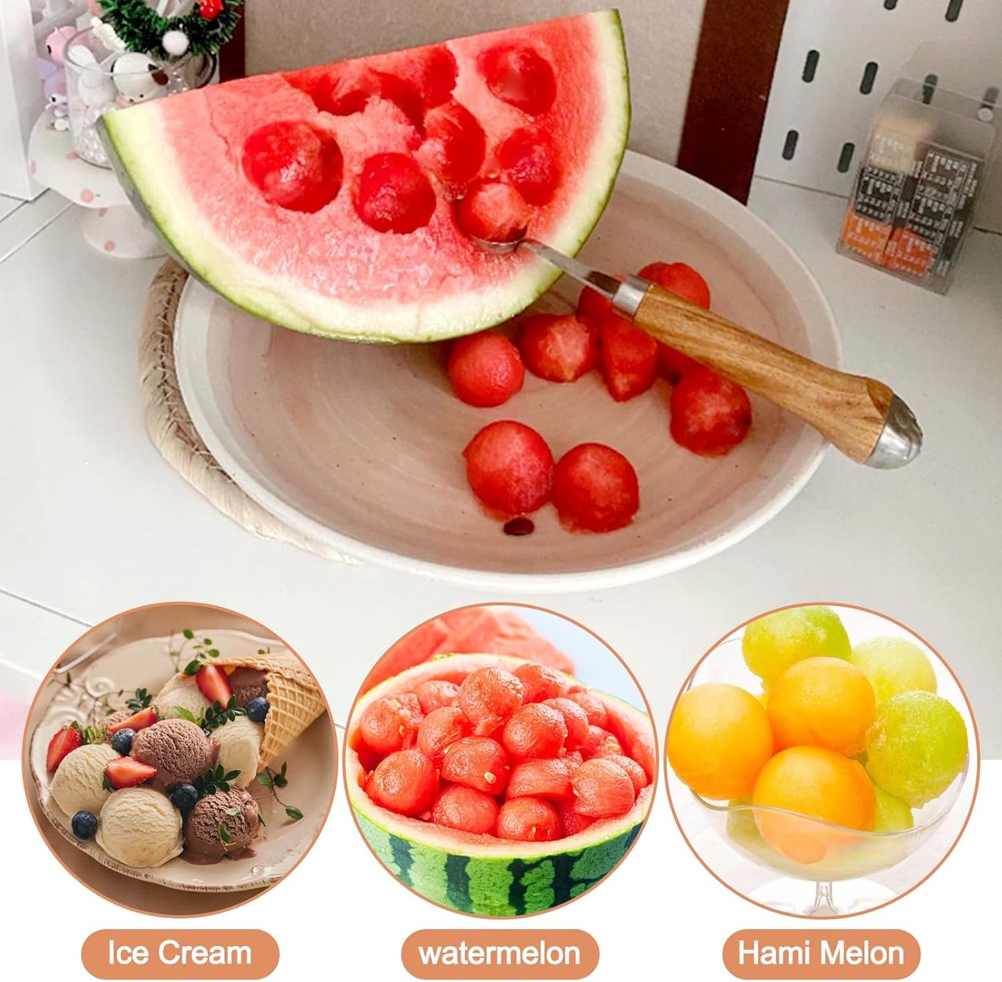 4 Pack Melon Baller Scoop-Melon Baller-Fruit Spoon-Wooden Handle Grapefruit Spoons
