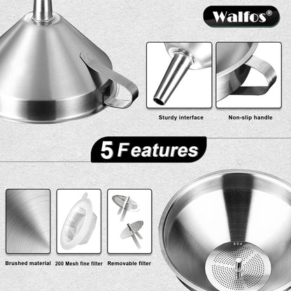 Stainless Steel Funnel, Walfos 3 Pack Kitchen Funnel with 2 Removable Strainer ＆ 1Pcs Cleaning Brush, Perfect for Transferring of Liquid, Oils, Jam, Dry Ingredients & Powder