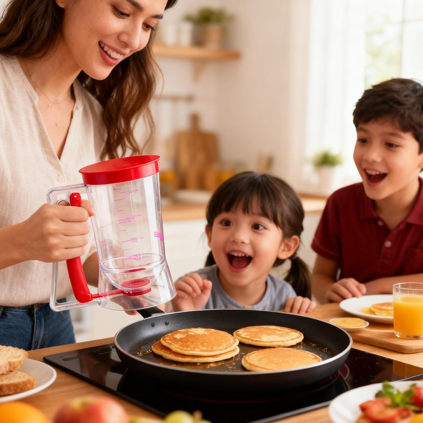Pancake Batter Dispenser - Cookie Cupcake Cupcakes Waffle Waffles Separator Tool with Squeeze Handle, Easy Pour & Measuring Label for Griddle, Baking Supplies, Crepe & Cake Muffin Mix, Purple