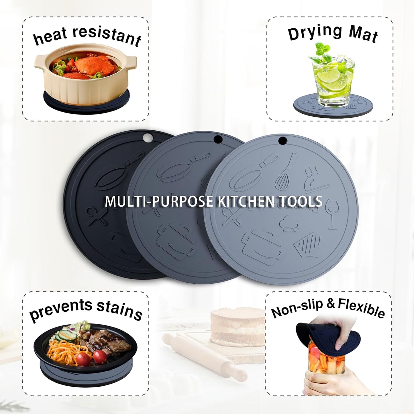 Silicone Trivet Mats - 3 Heat Resistant Pot Holders for Hot Pots and Pans, Silicone Mats for Kitchen Countertops, Table, Food Grade Silicone (Black & Gray)