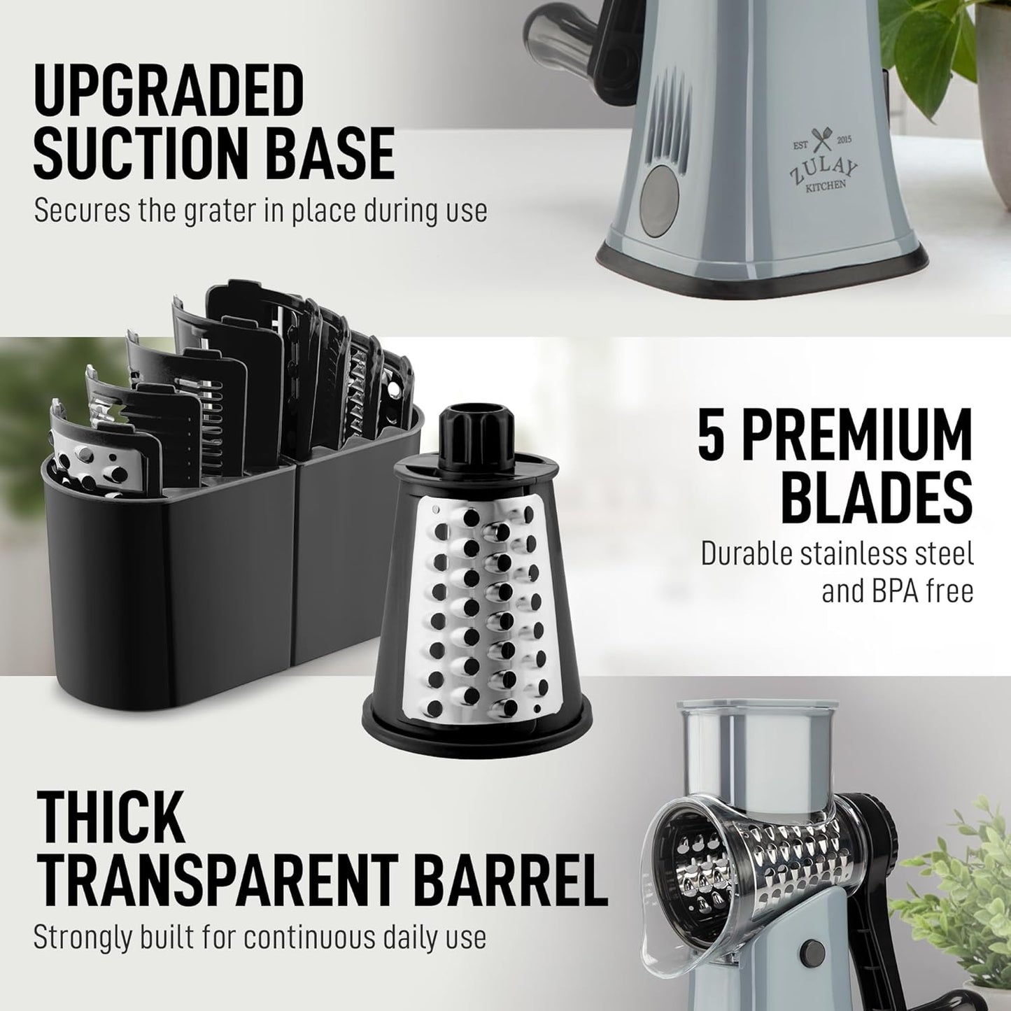 Zulay Kitchen Rotary Cheese Grater 5 Blade Cheese Shredder - Manual Hand Crank Cheese Grater With Reinforced Suction & 5 Interchangeable Drums - Easy to Use, Vegetable Chopper Round Mandoline Slicer - Colors B