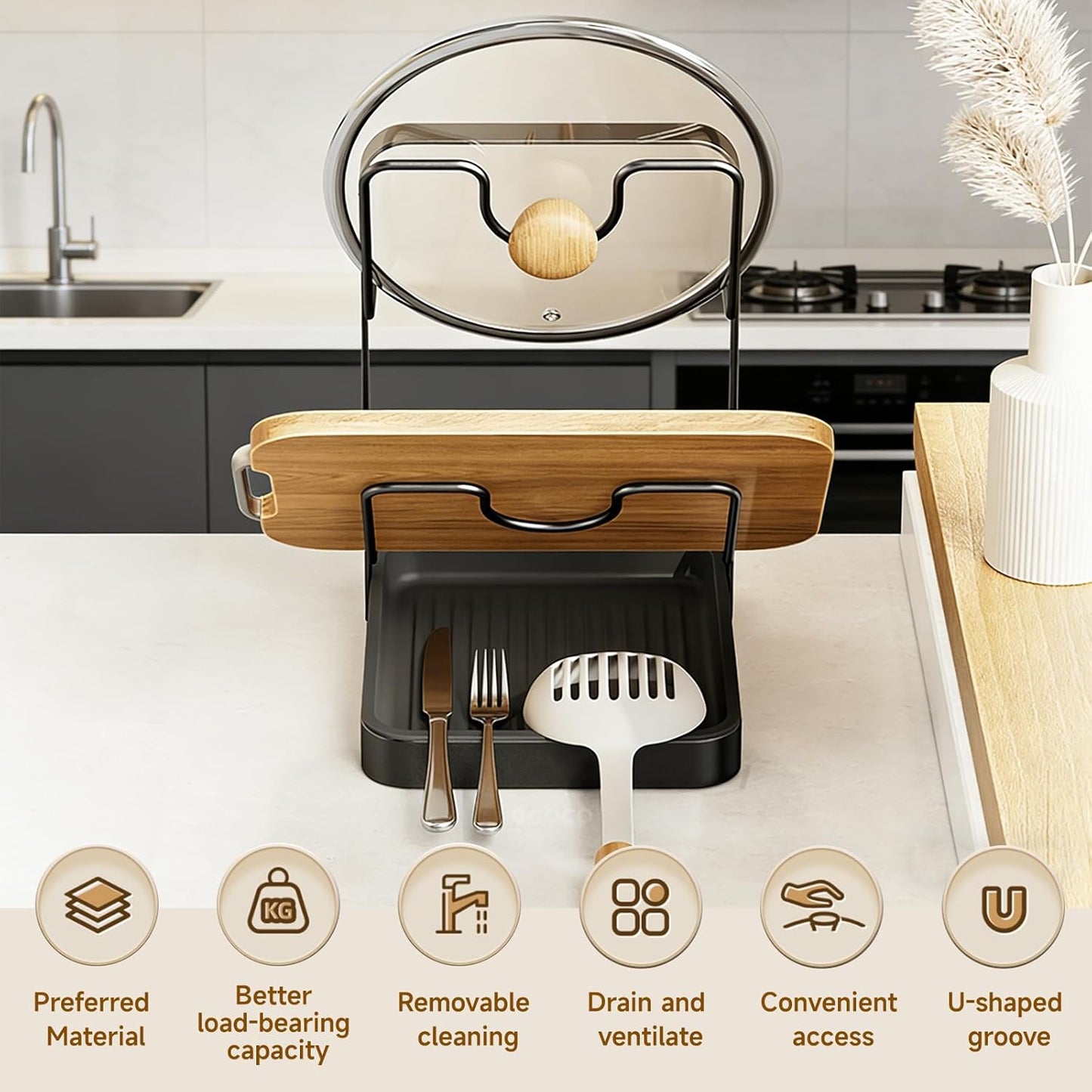 Kitchen Pot Lid Storage Rack, 2-Tier Lids Holder with Detachable Drip Tray While Cooking, Multifunctional Countertop Organizer for Cutting Boards, Ladles and Pan Covers