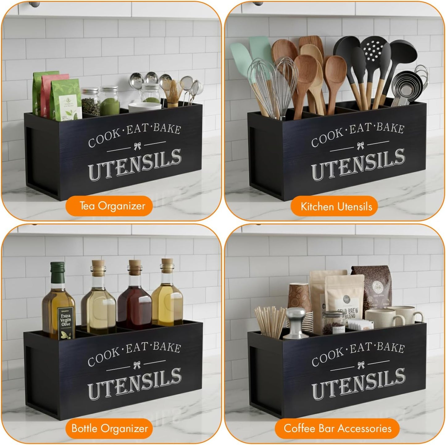 Extra Large Kitchen Utensil Holder for Countertop, 4 Compartment Large Capacity Utensil Organizer, Holds 30 Plus Cooking Utensils, Kitchen Counter Organizer, Space Saving Storage