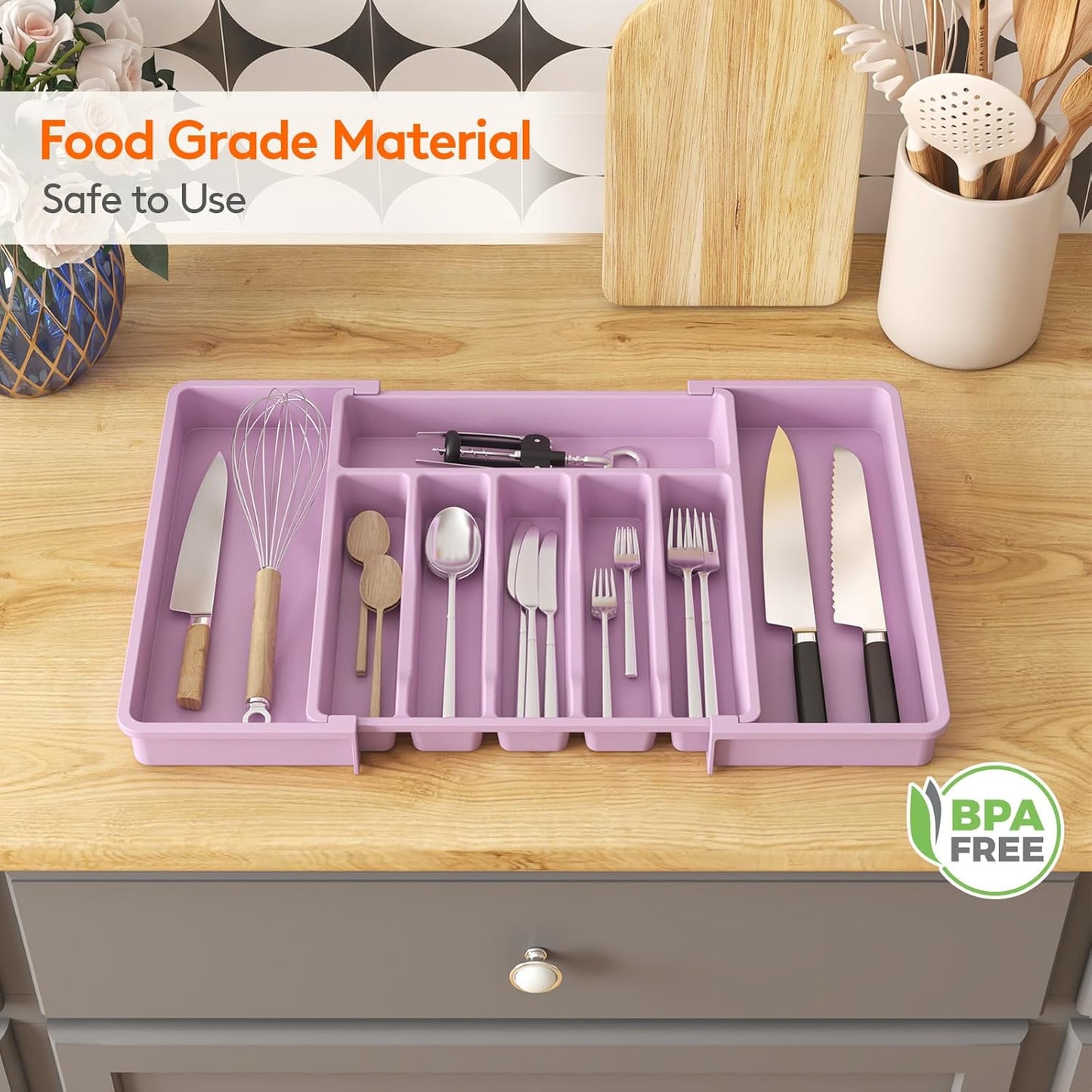 Lifewit Silverware Drawer Organizer, Expandable Utensil Tray for Kitchen, BPA Free Flatware and Cutlery Holder, Adjustable Plastic Storage for Spoons Forks Knives, 11-18 x 14", Black