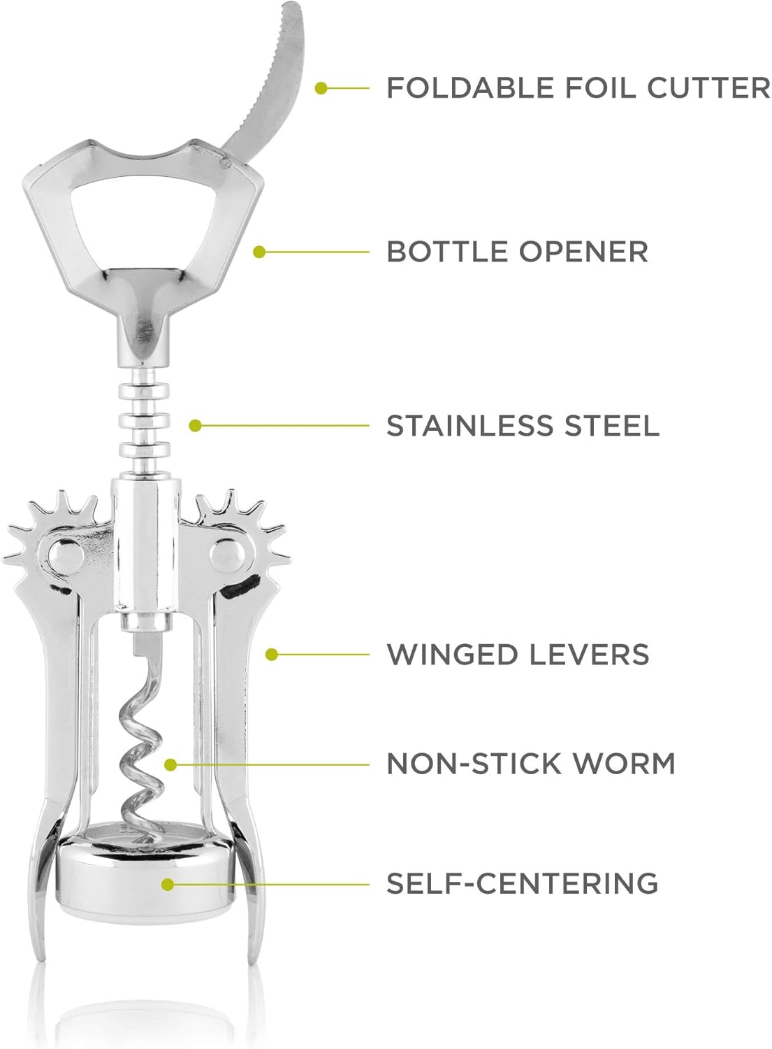 True Spiral Winged Corkscrew Wine Opener, Multi-Purpose Bottle Opener for Beers and Soft Drinks, Stainless Steel with Rubber Grip Wing Handle, for Bartenders, Home Bar, Kitchen, Restaurant, Silver