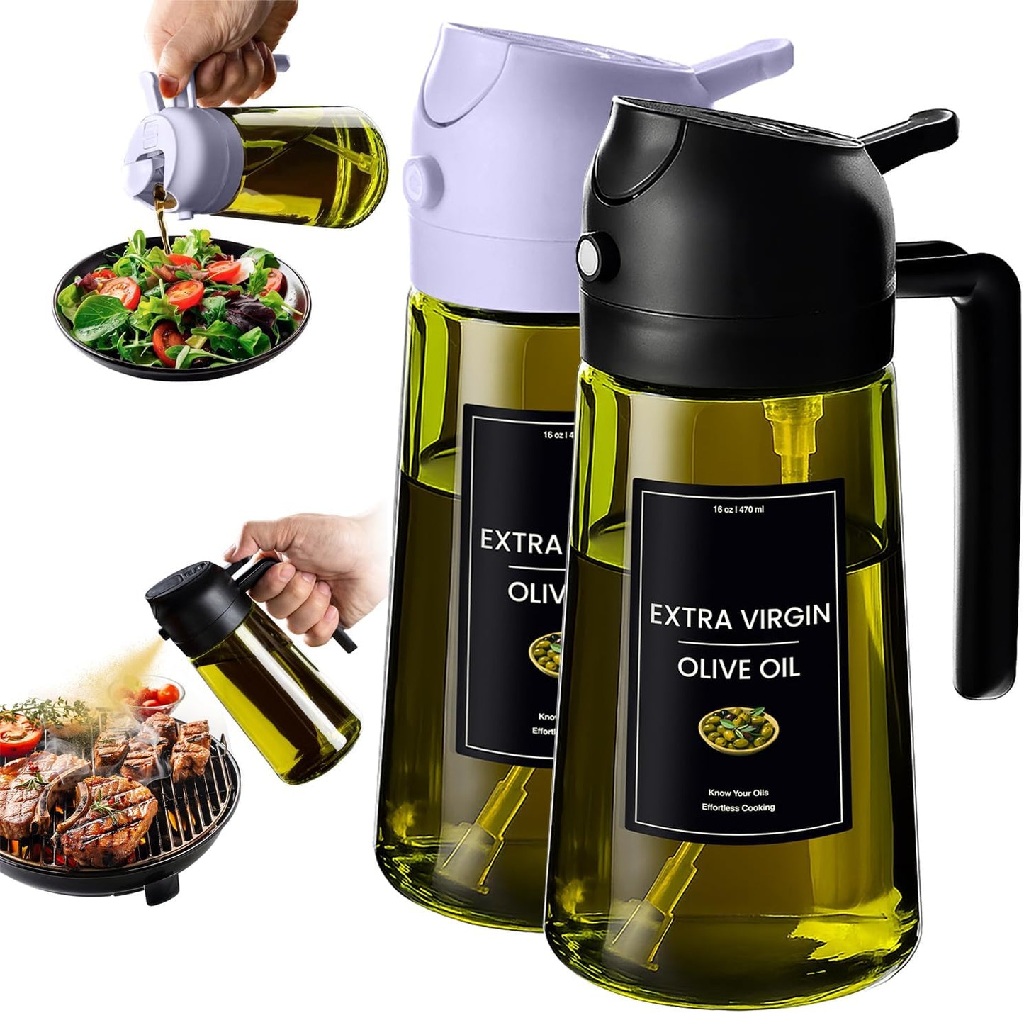 CXINYI - 16oz/470ml Olive Oil Dispenser for Kitchen with Stickers - 2 in 1 Olive Oil Sprayer for Cooking, Air Fryer, and Salad, Black&Green (Light-Proof Kitchen Gadget)