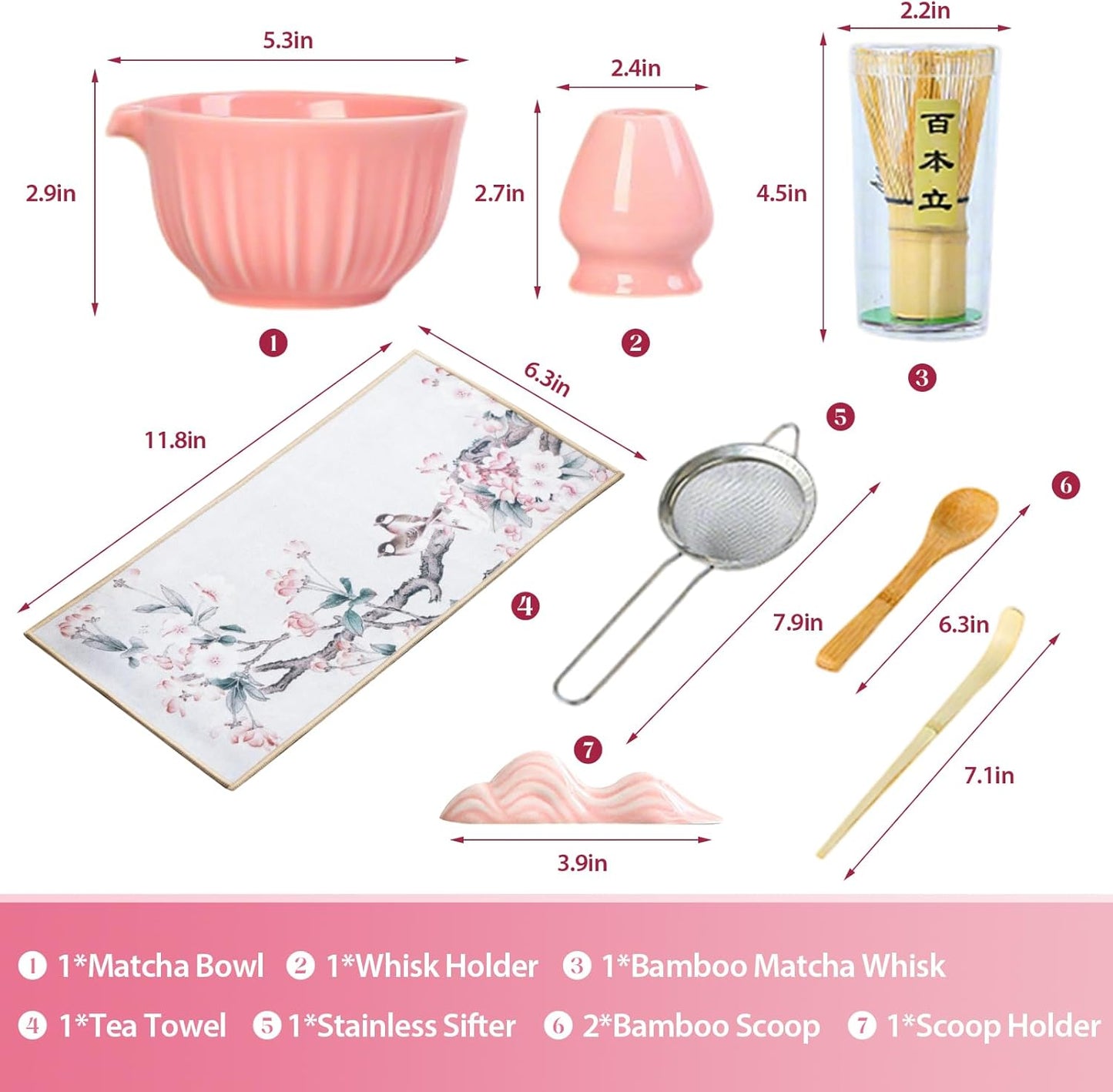 Matcha Whisk Set, 8 Pcs Matcha Kit Set With Pink Cherry Blossom Embossed Pattern Includes 18 OZ Bowl, Bamboo Whisk, Ceramic Holder, Bamboo Scoop x2, Scoop Rest, Stainless Sifter and Tea Towel