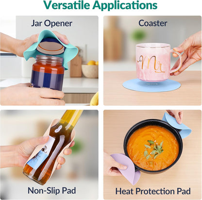 NIHOME Silicone Jar Opener – 6 Inch Large Anti-Slip Grip Pads, Premium 100% Food-Grade Silicone, Stylish Designer Colors, Multi-Purpose Heat-Resistant Mat & Coaster, Set of 4