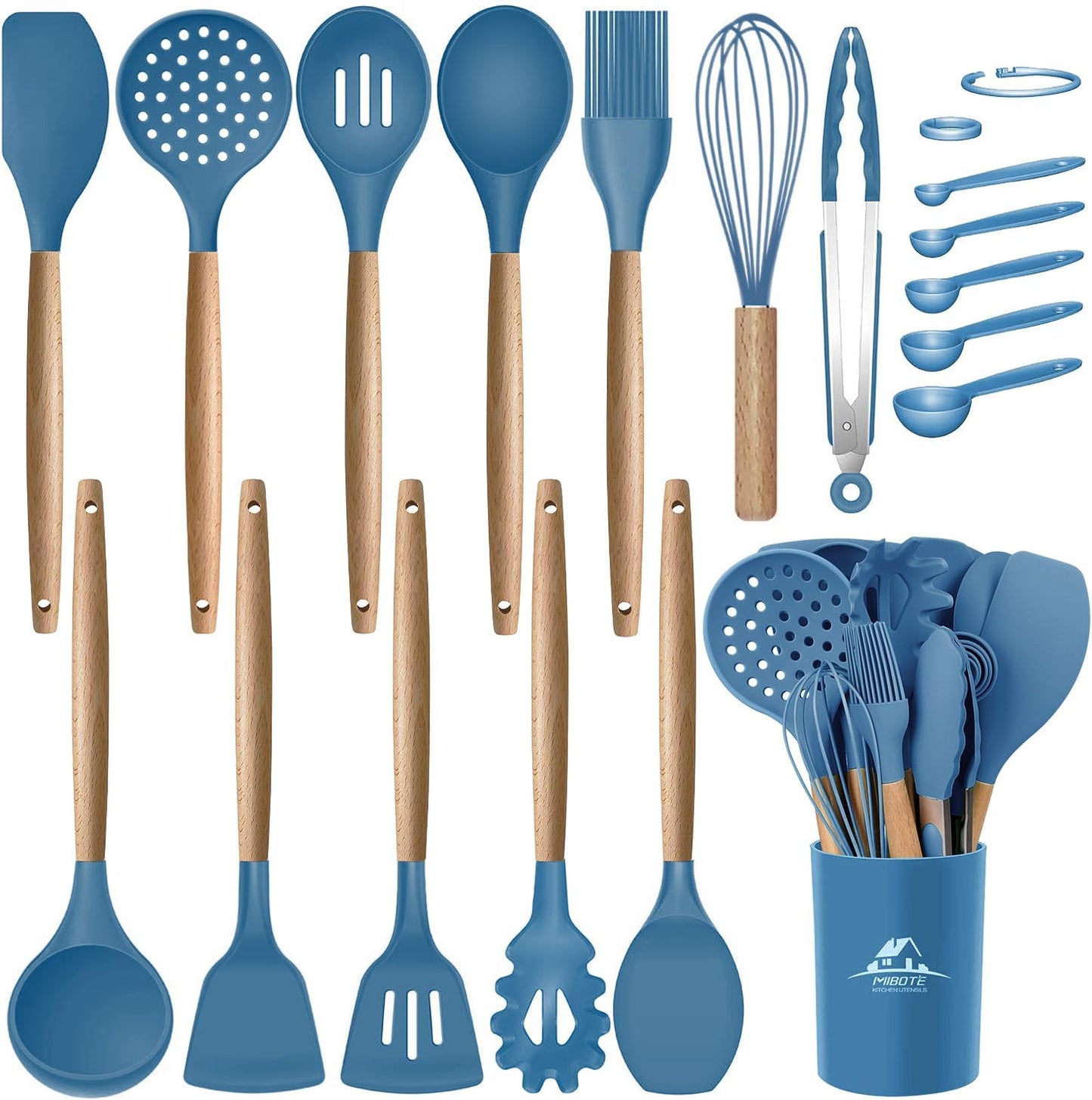 MIBOTE Silicone Cooking Kitchen Utensils Set with Holder, Wooden Handles BPA Free Non Toxic Silicone Turner Tongs Spatula Spoon Kitchen Gadgets Utensil Set for Nonstick Cookware (Coffee)