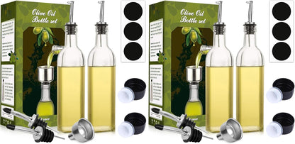 AOZITA [2 PACK] 17 oz Glass Olive Oil Dispenser Bottle Set - 500ml Clear Oil & Vinegar Cruet Bottle with Pourers, Funnel and Labels
