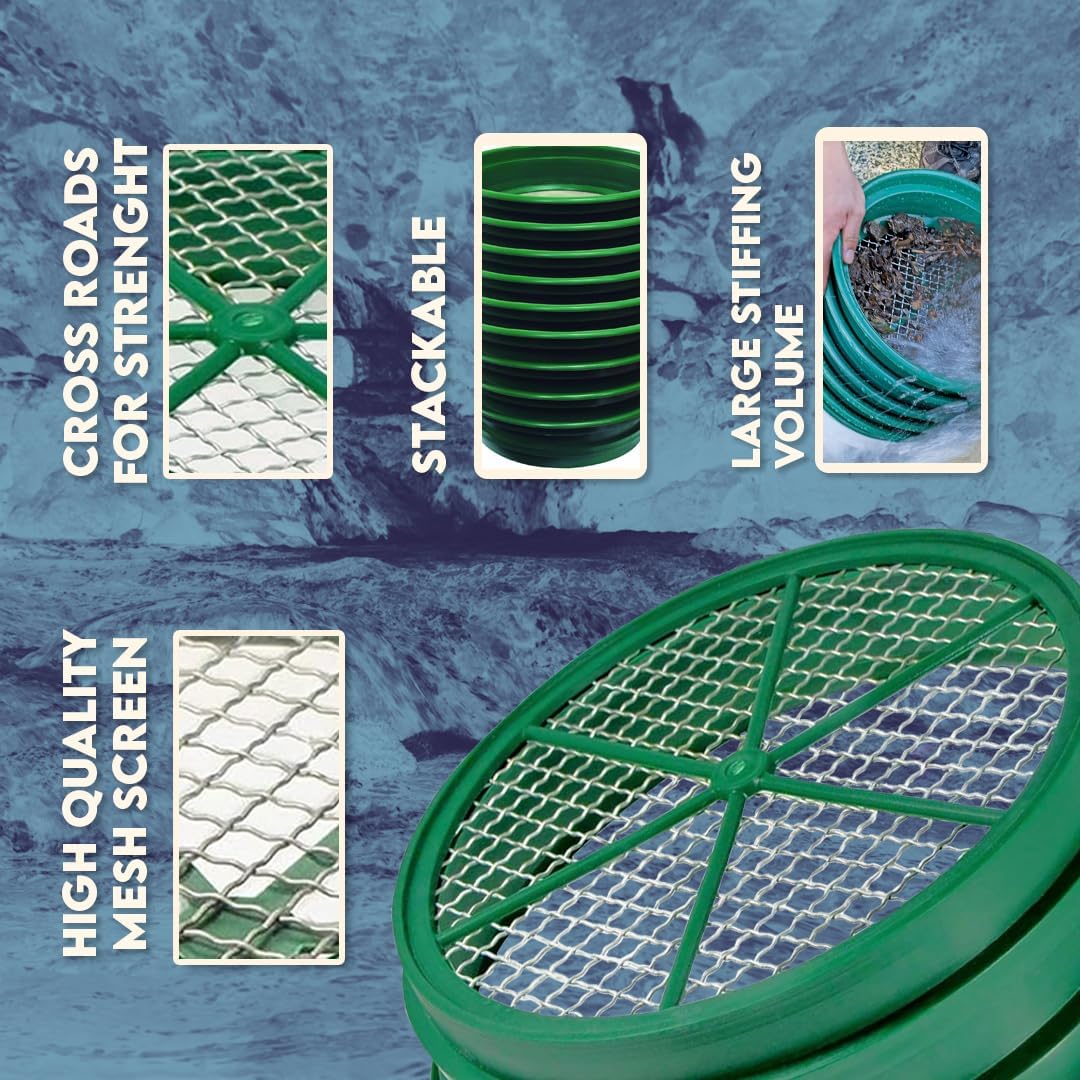 SE 13.25 Inch Wide Stackable Classifier Gold Prospecting Pan - 1/8 Inch Stainless Steel Mesh Sifting Pan, Green