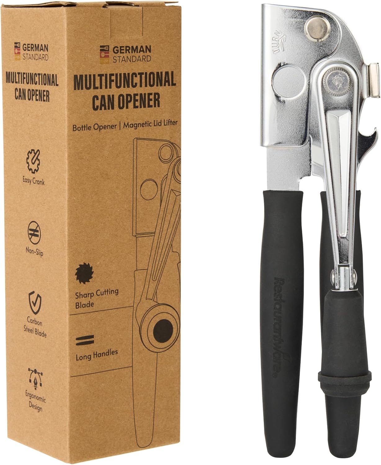 Restaurantware Stainless Steel Magnetic Manual Can Opener - German Standard Red Crank Can Opener with Magnet, Ergonomic Handles, Non-Slip - Heavy-Duty Hand Can Opener, Easy Turn, Sharp Blade